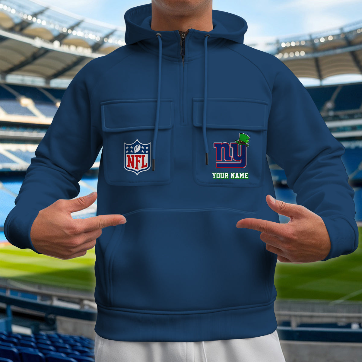 New York Giants St Patrick’s Day Collection Multi-Pockets Zip Hoodie AZCAMZHD000139