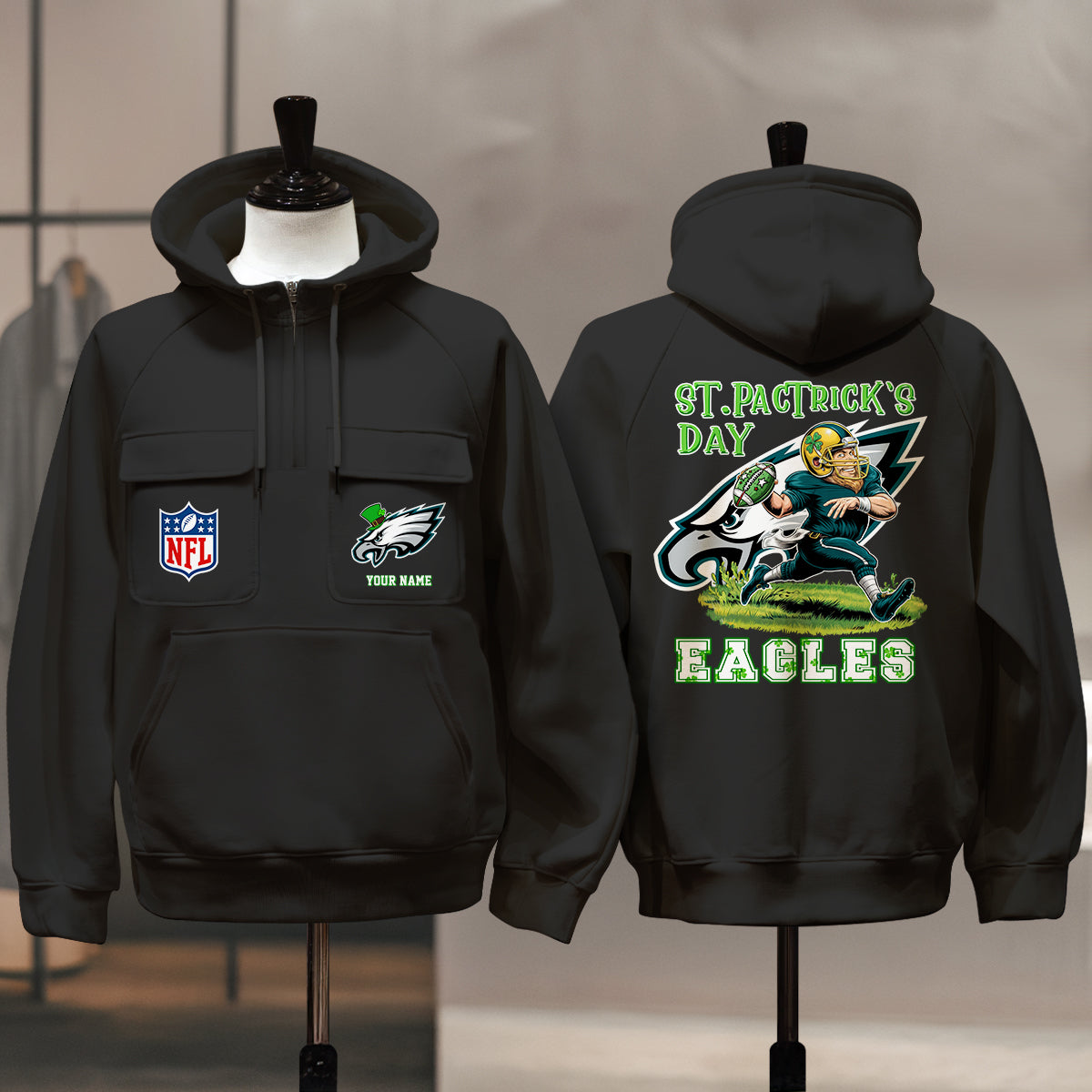 Philadelphia Eagles St Patrick’s Day Collection Multi-Pockets Zip Hoodie AZCAMZHD000140