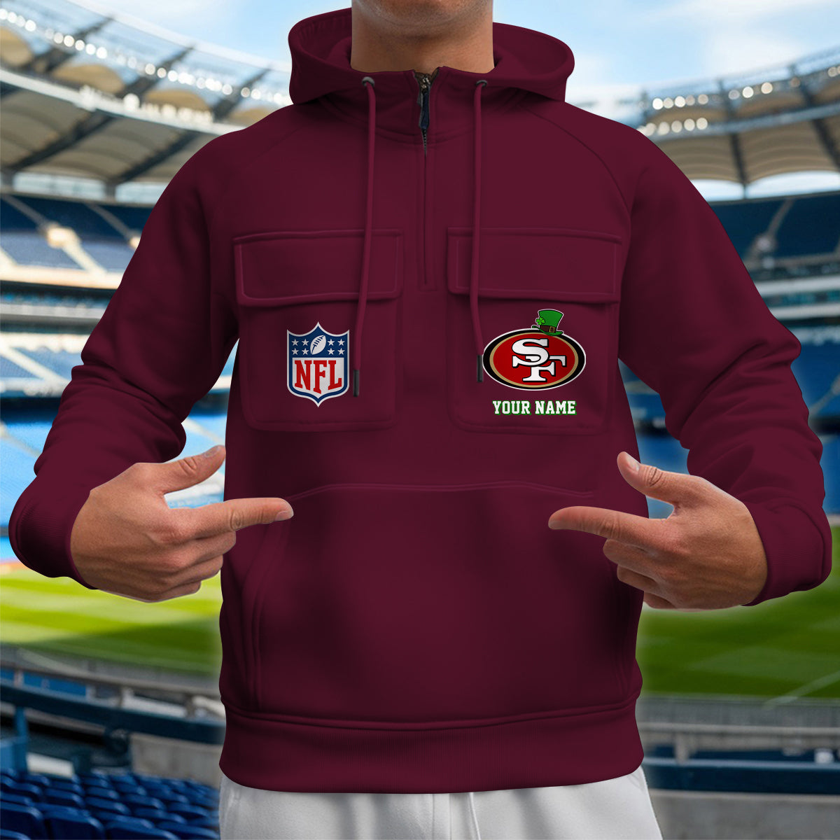 San Francisco 49ers St Patrick’s Day Collection Multi-Pockets Zip Hoodie AZCAMZHD000141