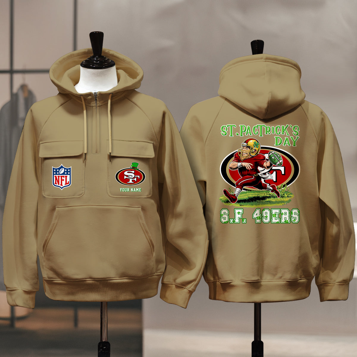 San Francisco 49ers St Patrick’s Day Collection Multi-Pockets Zip Hoodie AZCAMZHD000141
