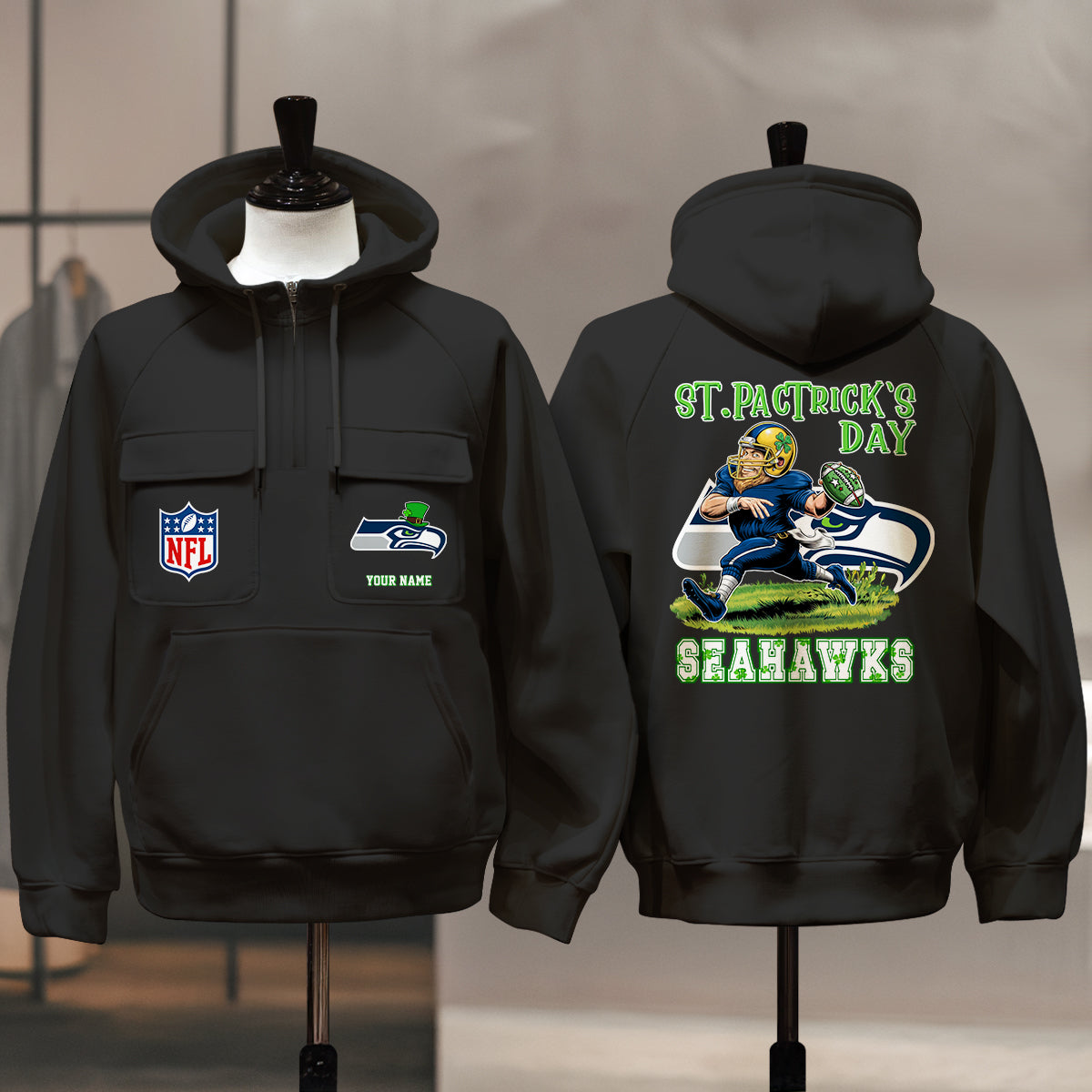Seattle Seahawks St Patrick’s Day Collection Multi-Pockets Zip Hoodie AZCAMZHD000142