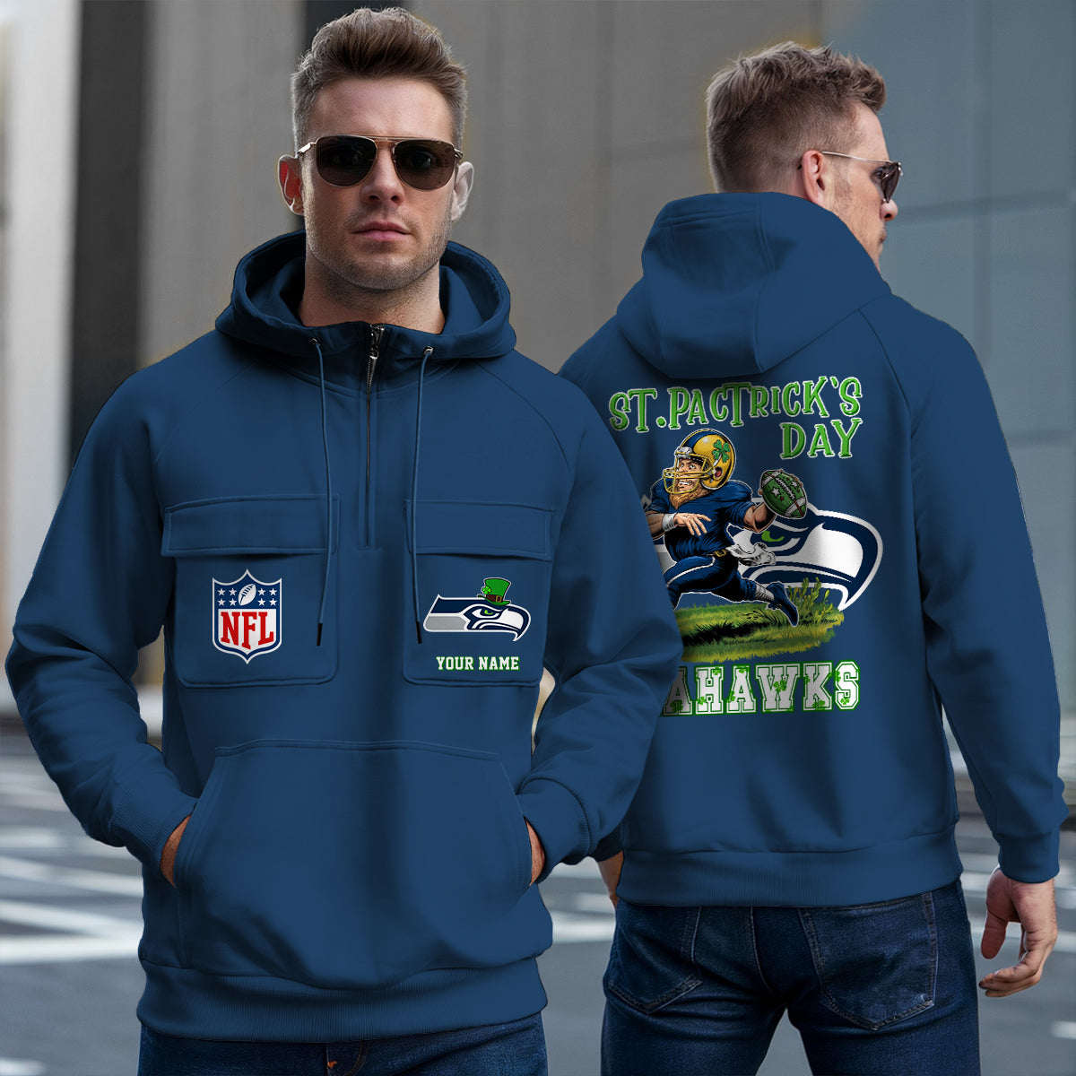 Seattle Seahawks St Patrick’s Day Collection Multi-Pockets Zip Hoodie AZCAMZHD000142