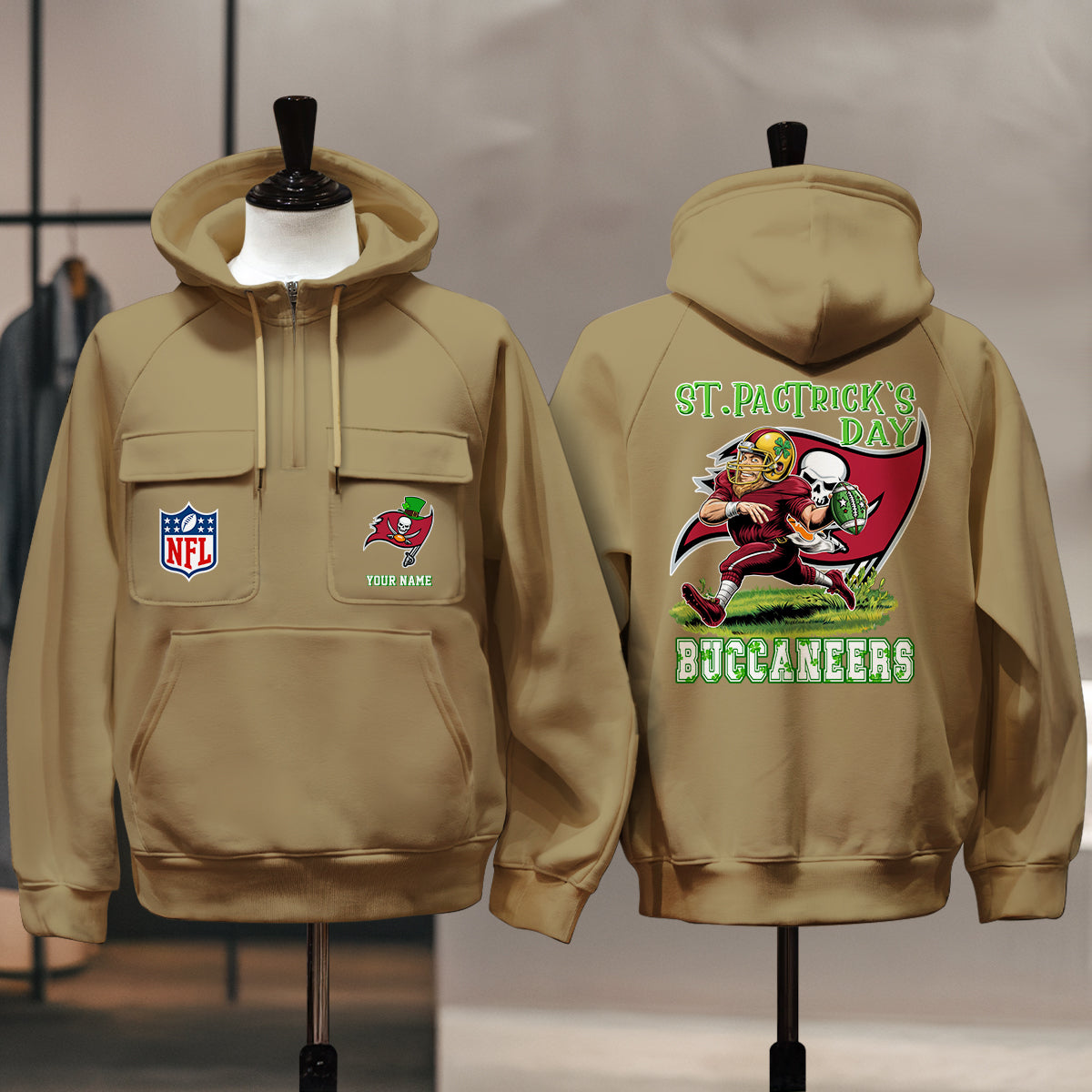 Tampa Bay Buccaneers St Patrick’s Day Collection Multi-Pockets Zip Hoodie AZCAMZHD000143