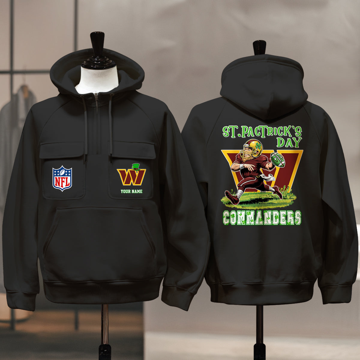 Washington Commanders St Patrick’s Day Collection Multi-Pockets Zip Hoodie AZCAMZHD000144