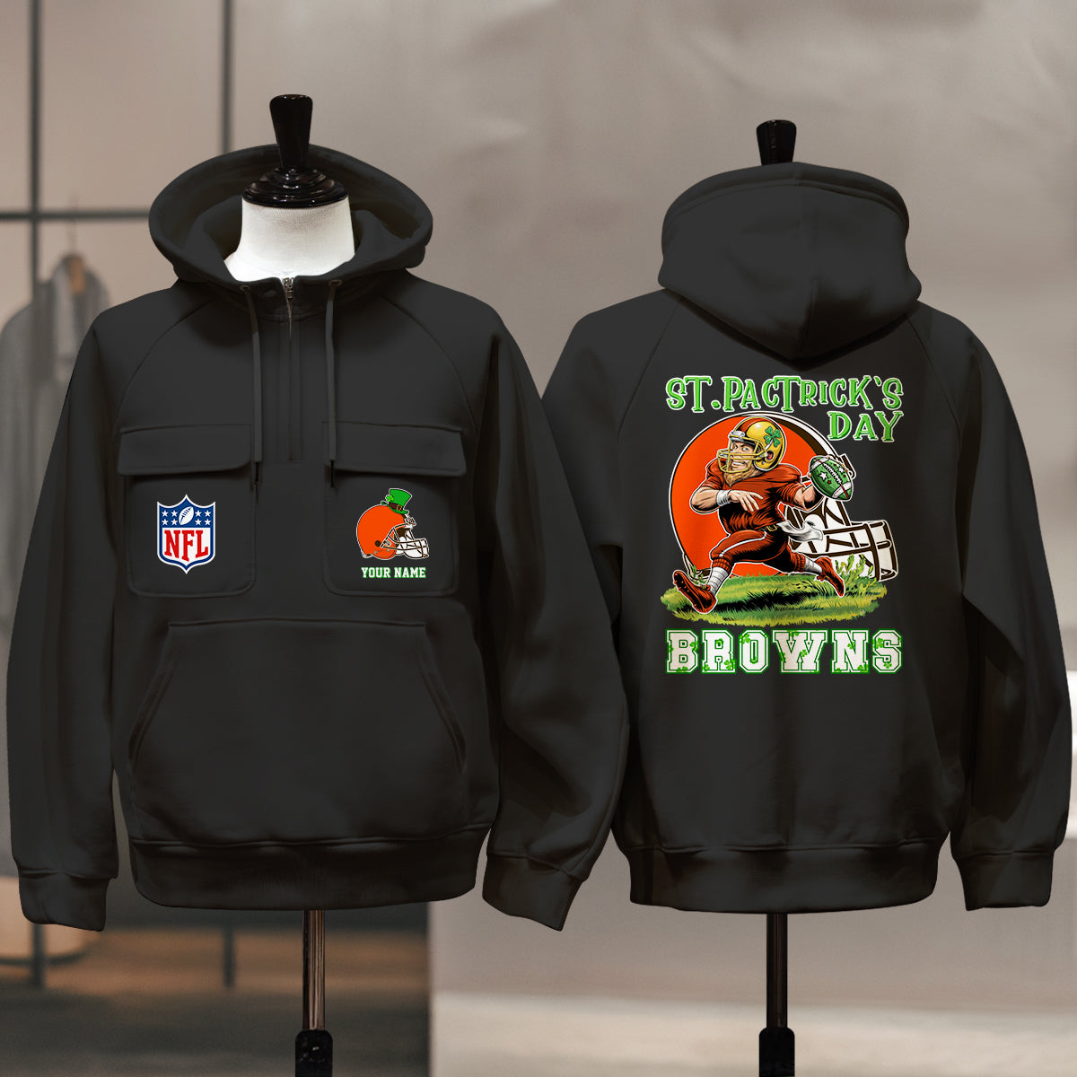Cleveland Browns St Patrick’s Day Collection Multi-Pockets Zip Hoodie AZCAMZHD000148