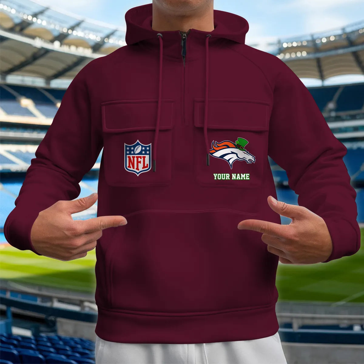 Denver Broncos St Patrick’s Day Collection Multi-Pockets Zip Hoodie AZCAMZHD000149