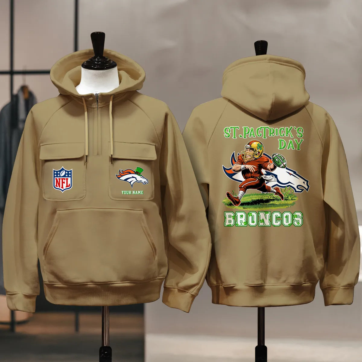 Denver Broncos St Patrick’s Day Collection Multi-Pockets Zip Hoodie AZCAMZHD000149