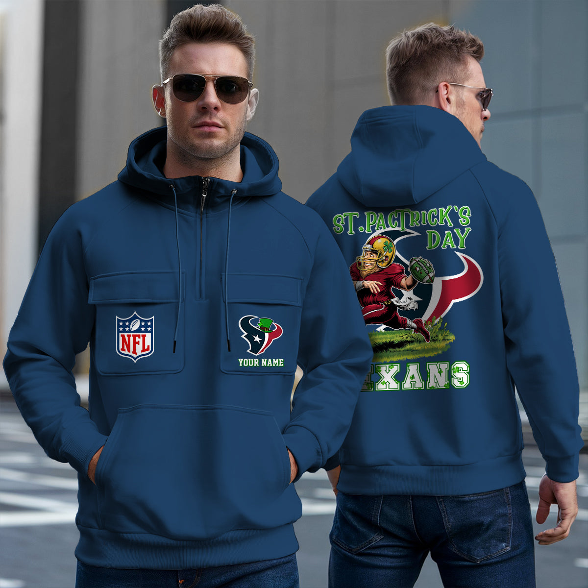 Houston Texans St Patrick’s Day Collection Multi-Pockets Zip Hoodie AZCAMZHD000150