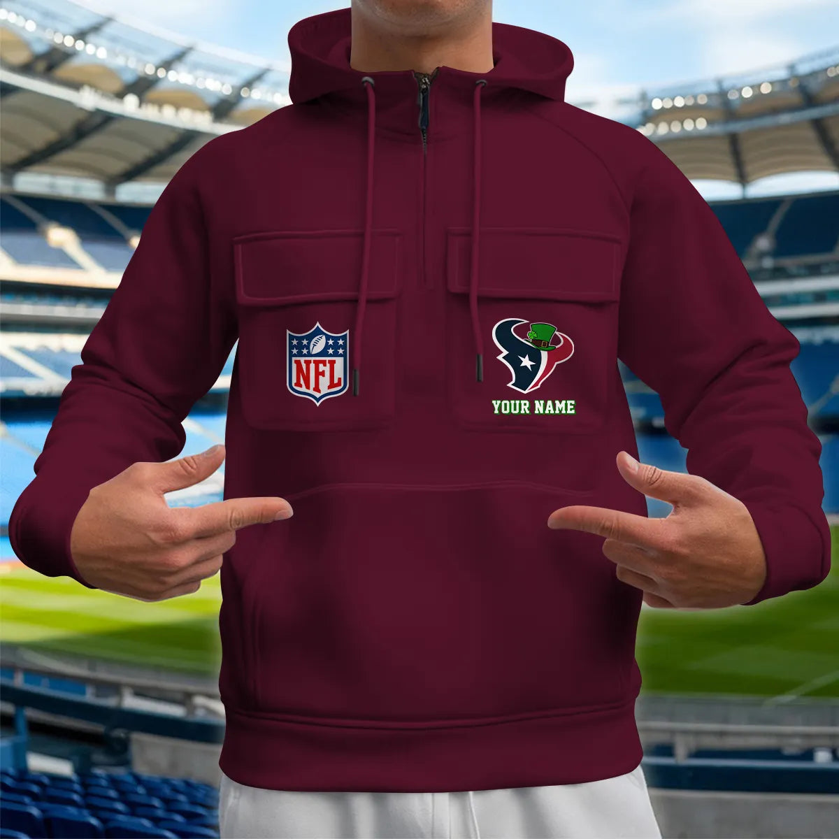 Houston Texans St Patrick’s Day Collection Multi-Pockets Zip Hoodie AZCAMZHD000150
