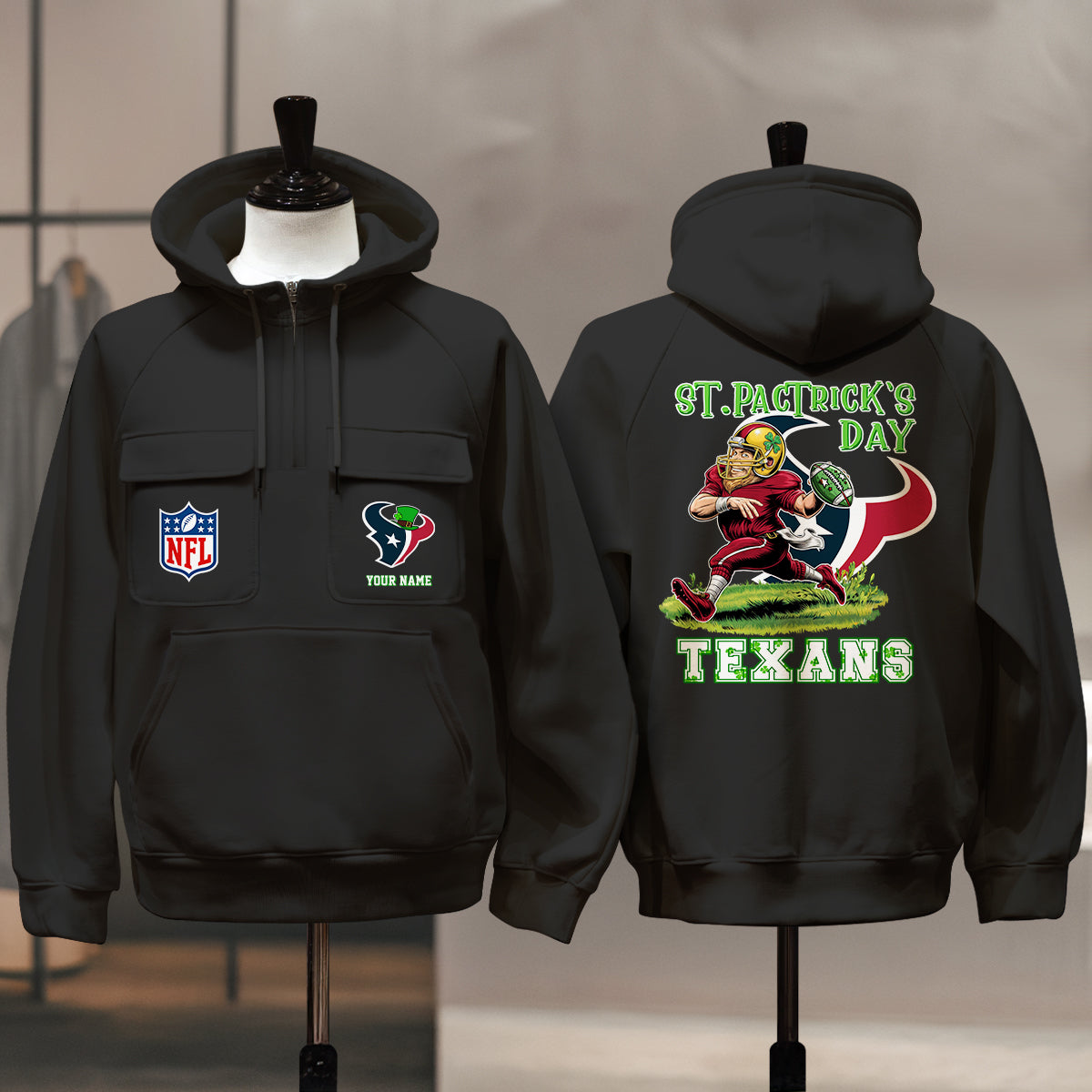 Houston Texans St Patrick’s Day Collection Multi-Pockets Zip Hoodie AZCAMZHD000150