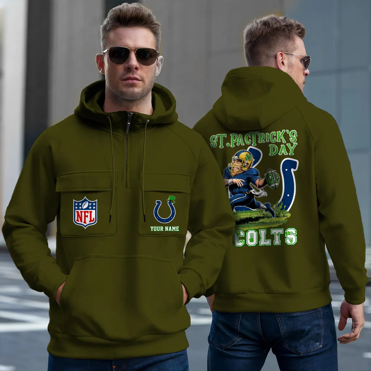 Indianapolis Colts St Patrick’s Day Collection Multi-Pockets Zip Hoodie AZCAMZHD000151