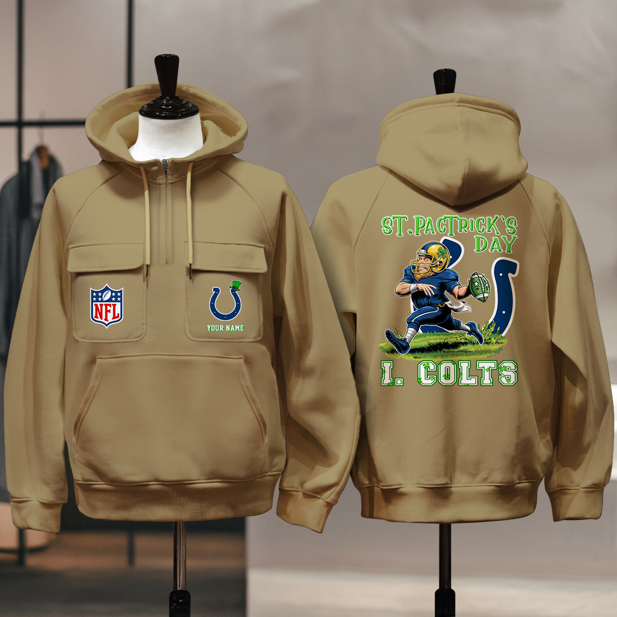 Indianapolis Colts St Patrick’s Day Collection Multi-Pockets Zip Hoodie AZCAMZHD000151