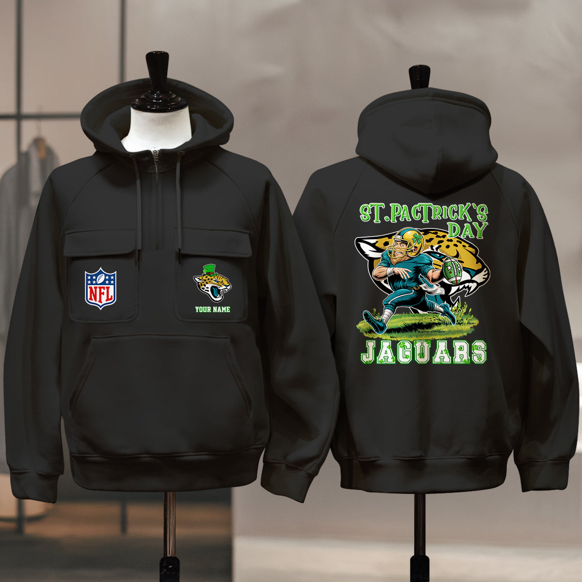 Jacksonville Jaguars St Patrick’s Day Collection Multi-Pockets Zip Hoodie AZCAMZHD000152