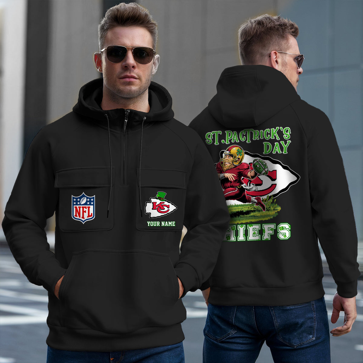 Kansas City Chiefs St Patrick’s Day Collection Multi-Pockets Zip Hoodie AZCAMZHD000153