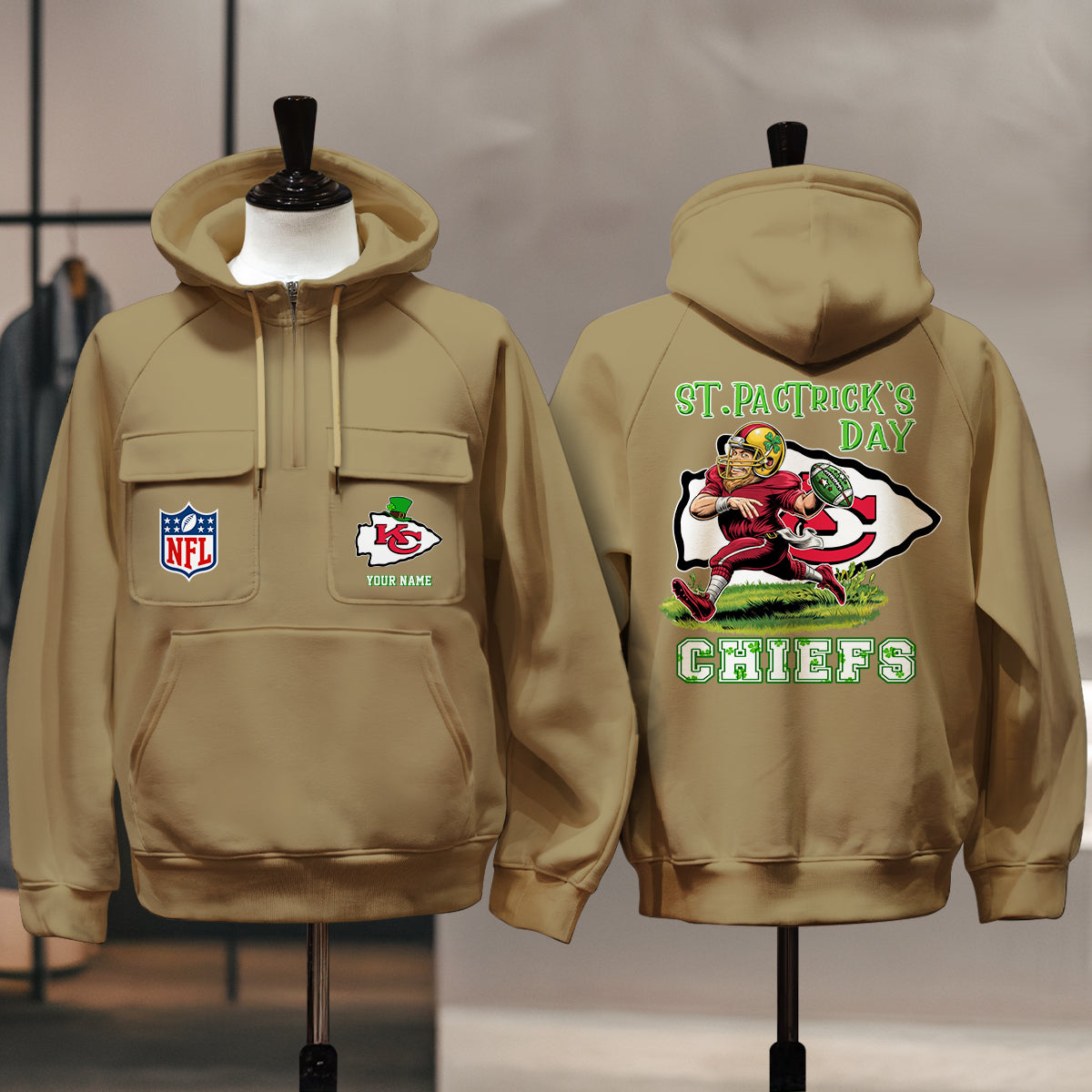 Kansas City Chiefs St Patrick’s Day Collection Multi-Pockets Zip Hoodie AZCAMZHD000153
