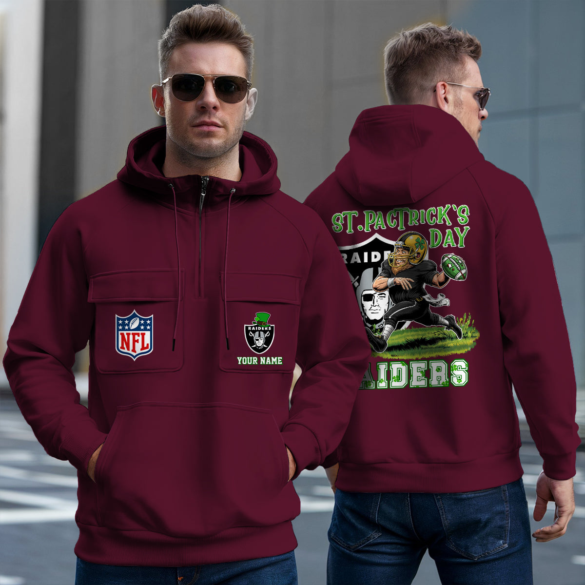 Las Vegas Raiders St Patrick’s Day Collection Multi-Pockets Zip Hoodie AZCAMZHD000154