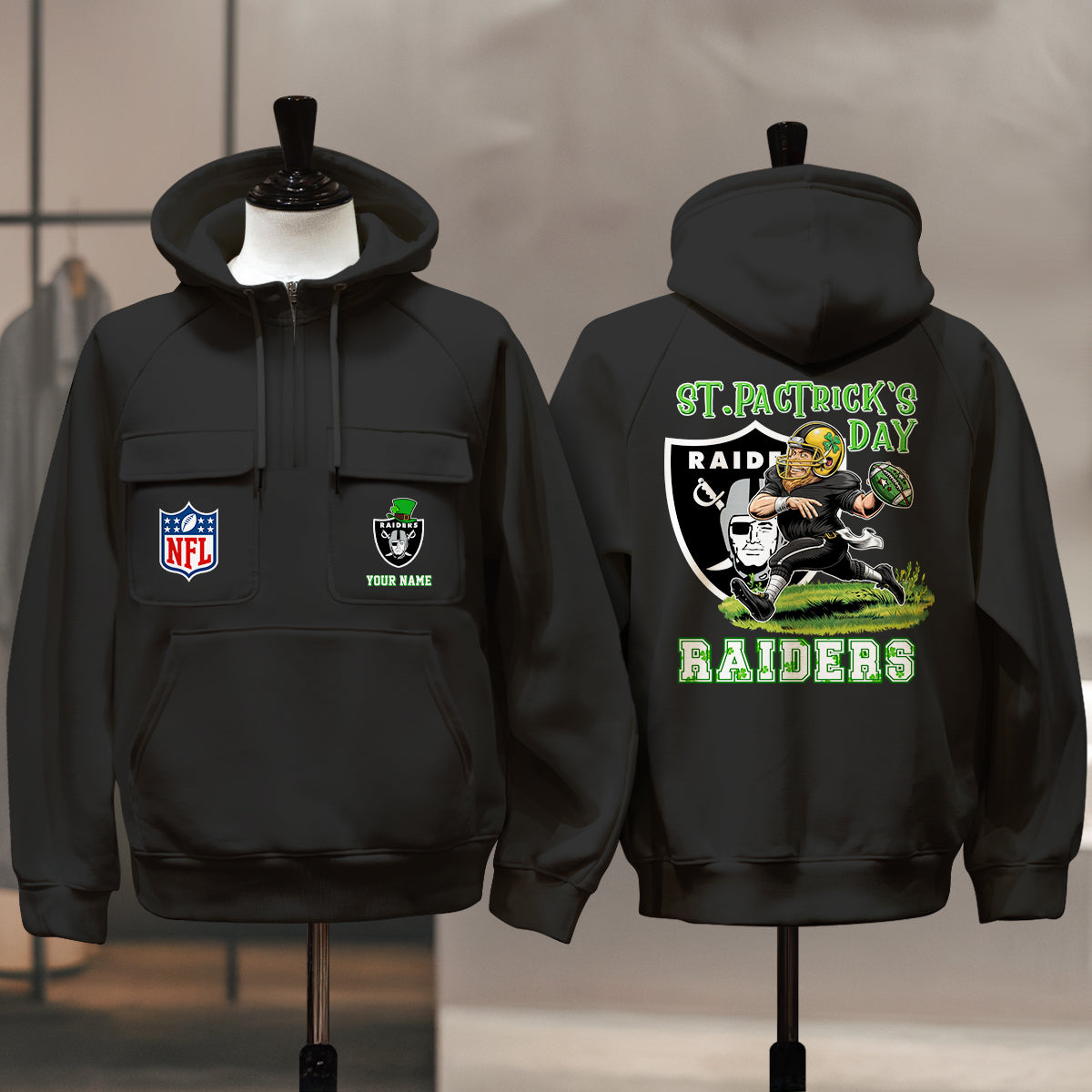 Las Vegas Raiders St Patrick’s Day Collection Multi-Pockets Zip Hoodie AZCAMZHD000154