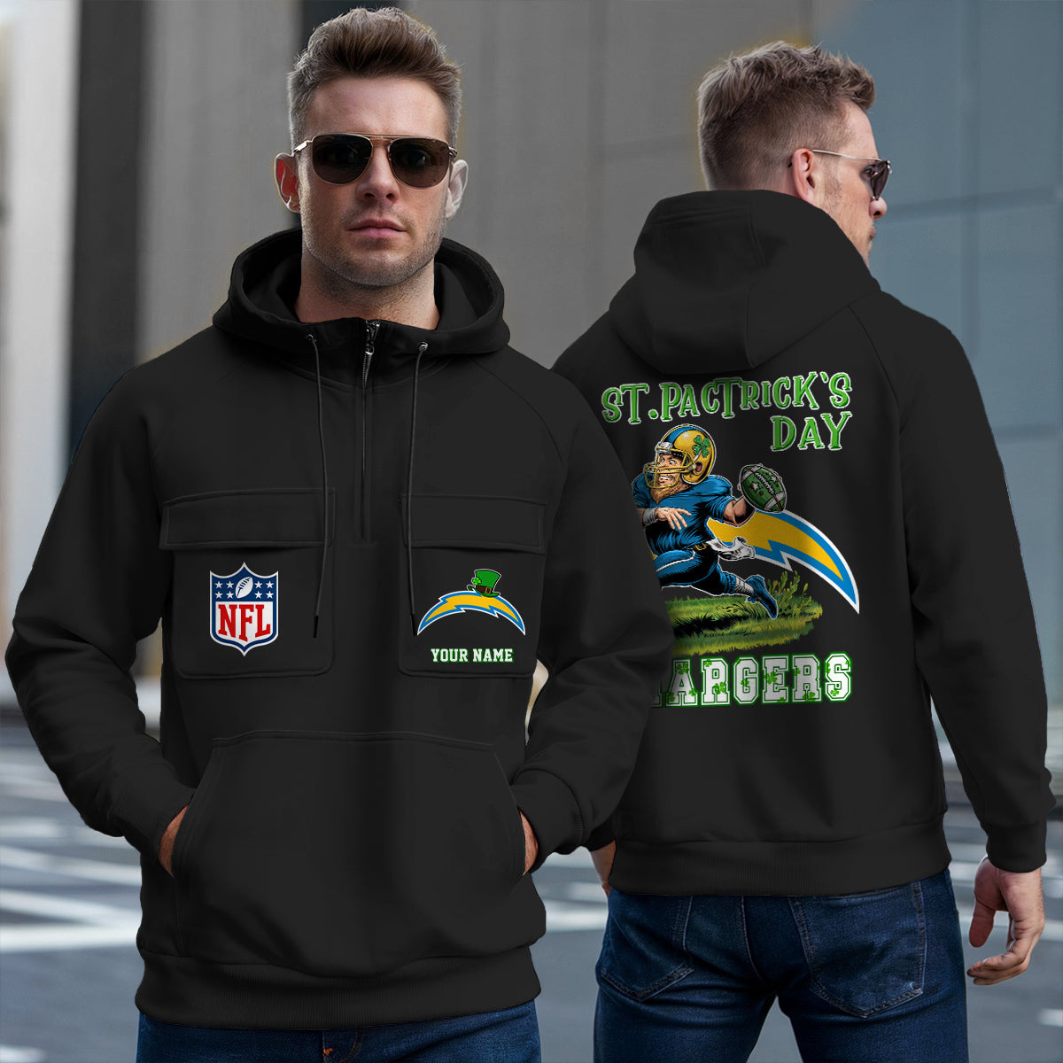 Los Angeles Chargers St Patrick’s Day Collection Multi-Pockets Zip Hoodie AZCAMZHD000155