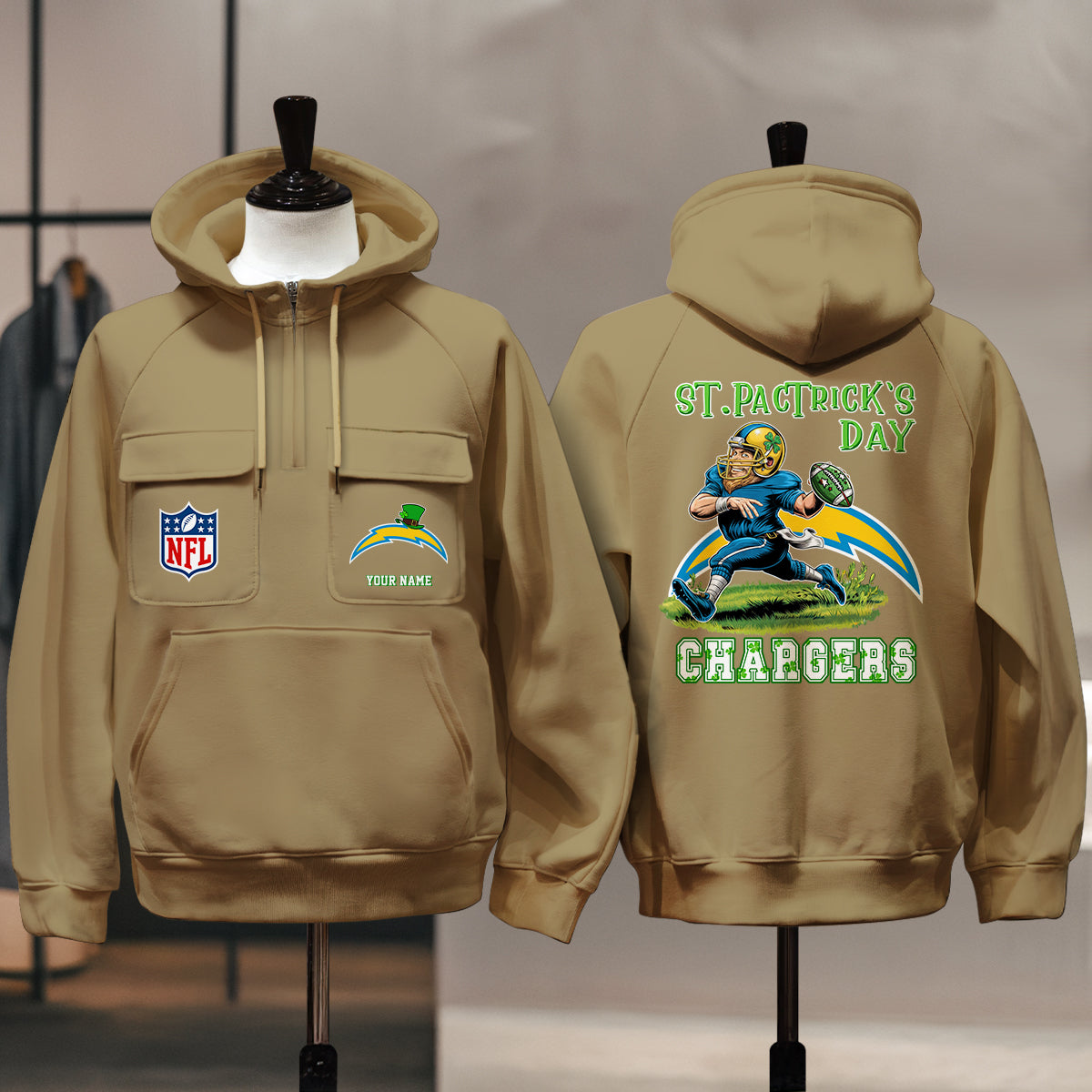 Los Angeles Chargers St Patrick’s Day Collection Multi-Pockets Zip Hoodie AZCAMZHD000155