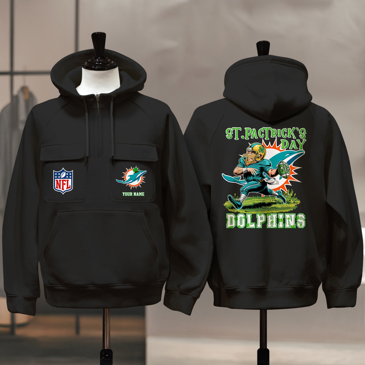 Miami Dolphins St Patrick’s Day Collection Multi-Pockets Zip Hoodie AZCAMZHD000156