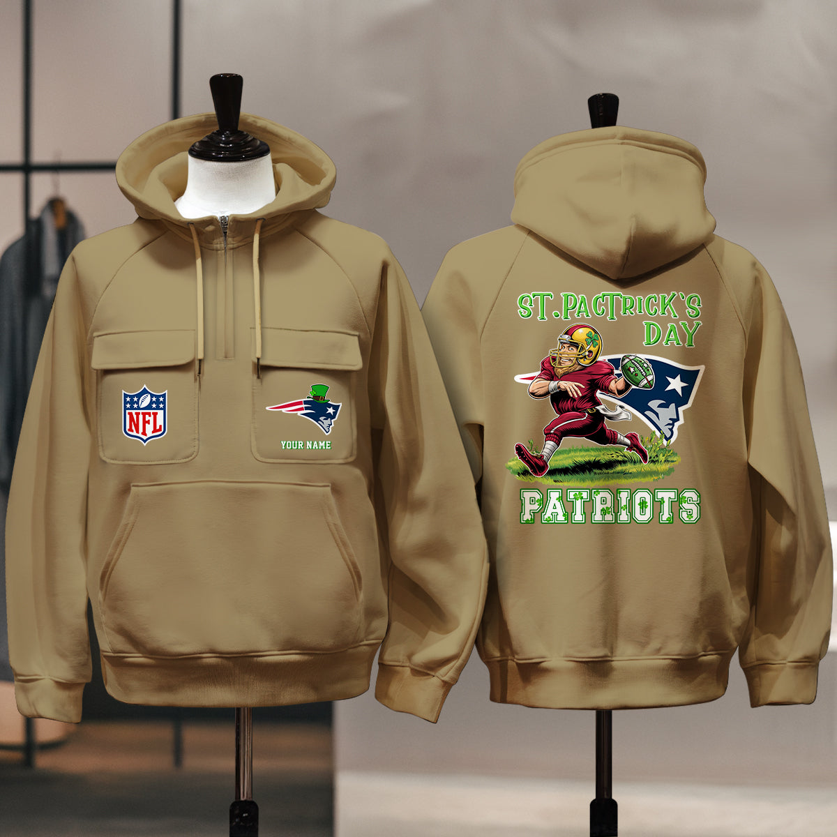 New England Patriots St Patrick’s Day Collection Multi-Pockets Zip Hoodie AZCAMZHD000157