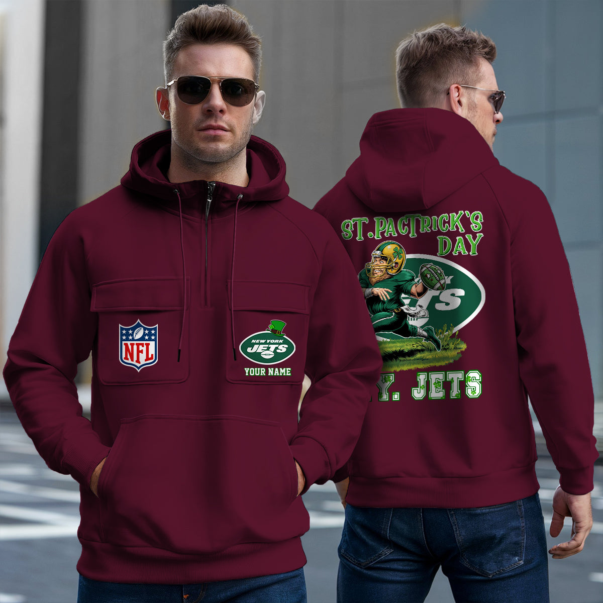 New York Jets St Patrick’s Day Collection Multi-Pockets Zip Hoodie AZCAMZHD000158