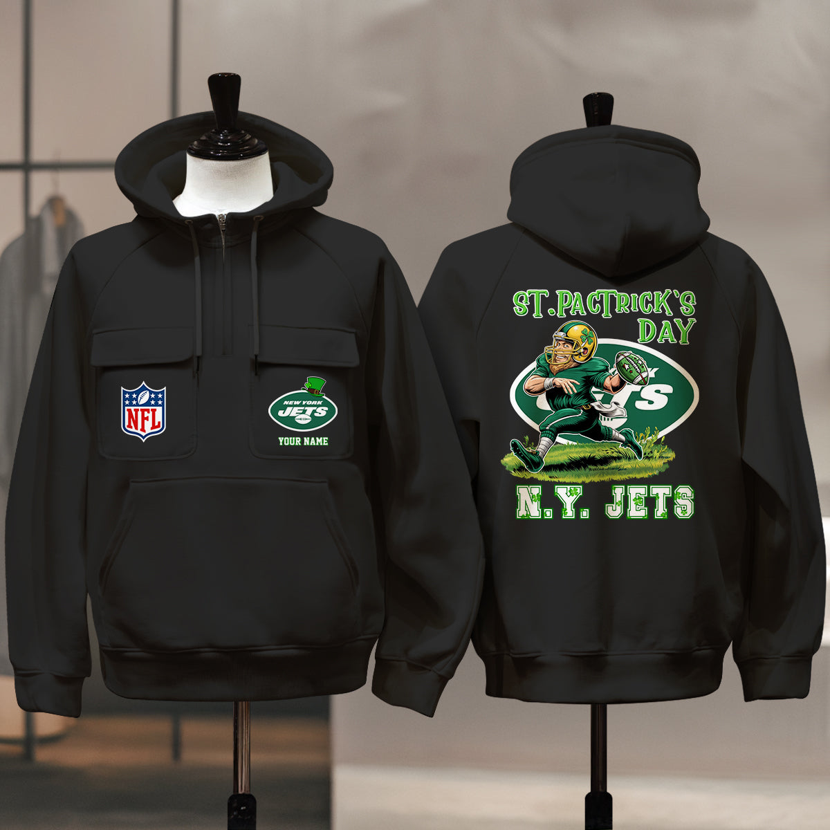 New York Jets St Patrick’s Day Collection Multi-Pockets Zip Hoodie AZCAMZHD000158