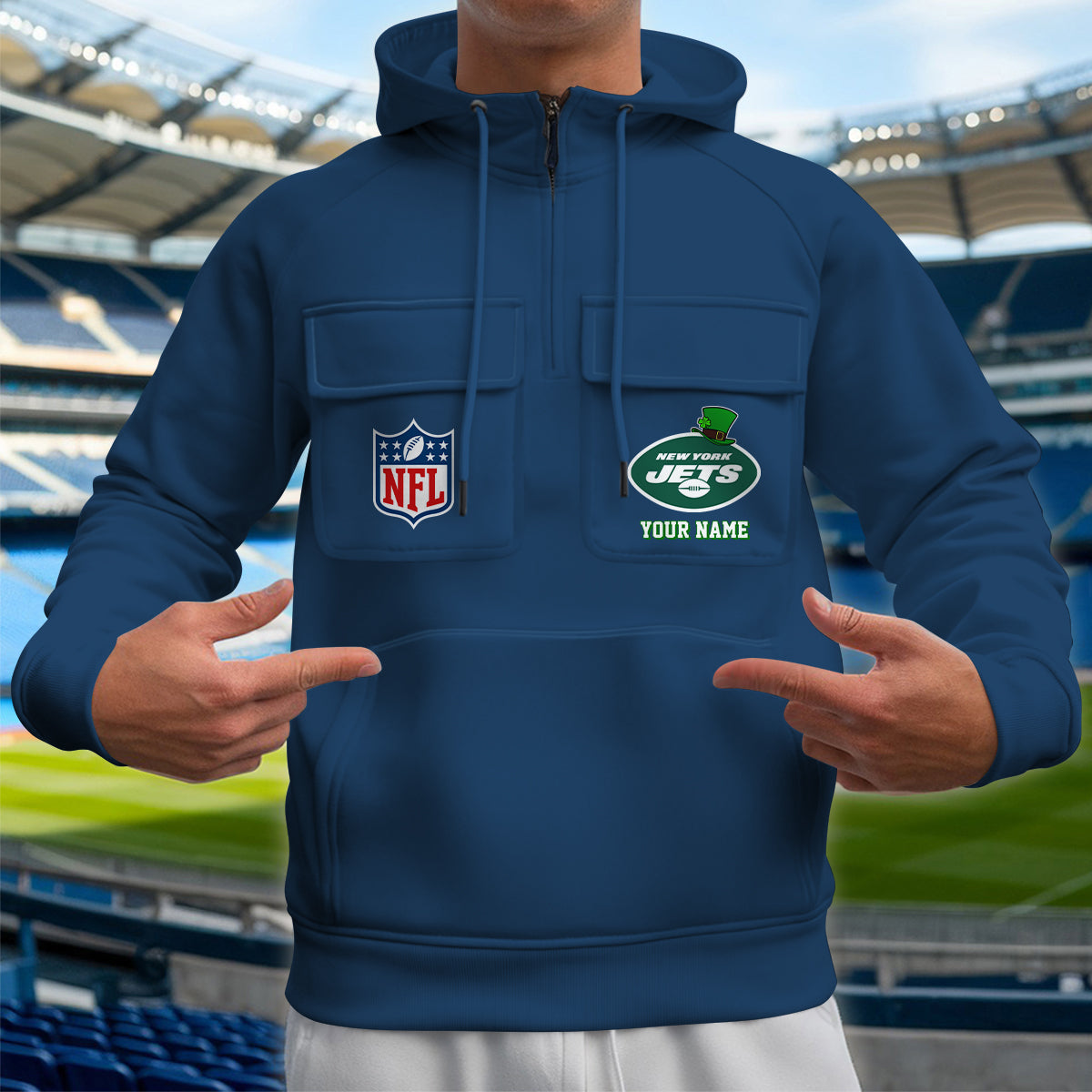 New York Jets St Patrick’s Day Collection Multi-Pockets Zip Hoodie AZCAMZHD000158