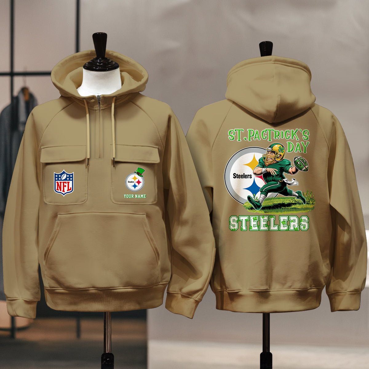Pittsburgh Steelers St Patrick’s Day Collection Multi-Pockets Zip Hoodie AZCAMZHD000159