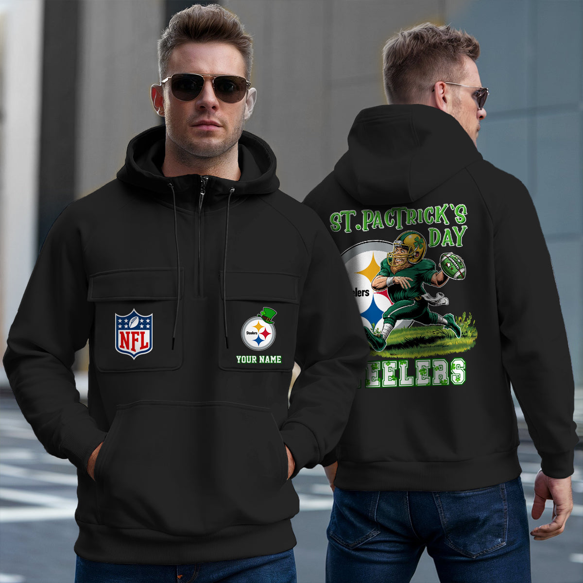 Pittsburgh Steelers St Patrick’s Day Collection Multi-Pockets Zip Hoodie AZCAMZHD000159