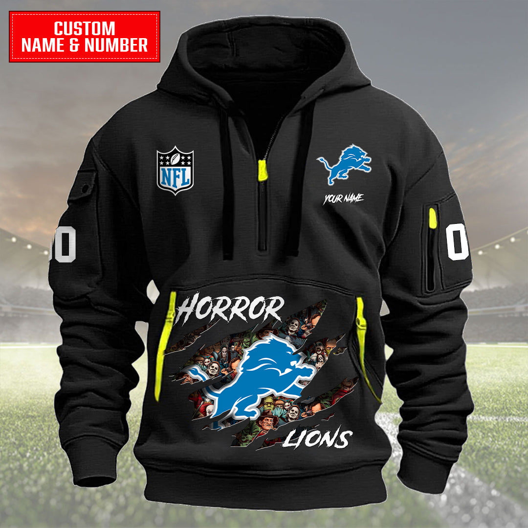 Detroit Lions Halloween Horror Collection Personalize Quarter Zip Hoodie AZCAQZH000006