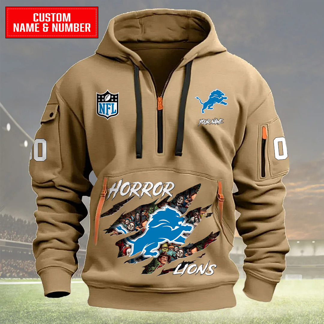 Detroit Lions Halloween Horror Collection Personalize Quarter Zip Hoodie AZCAQZH000006