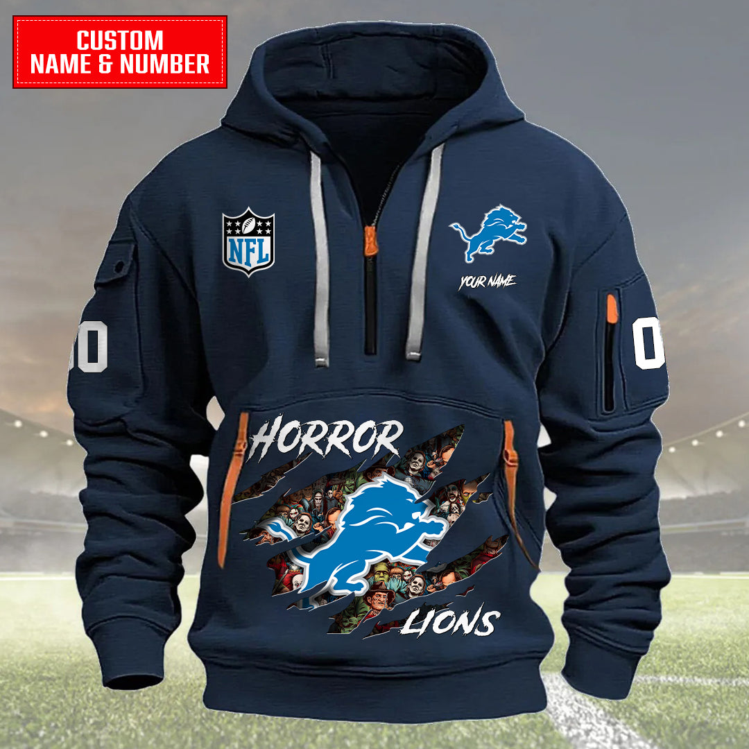 Detroit Lions Halloween Horror Collection Personalize Quarter Zip Hoodie AZCAQZH000006