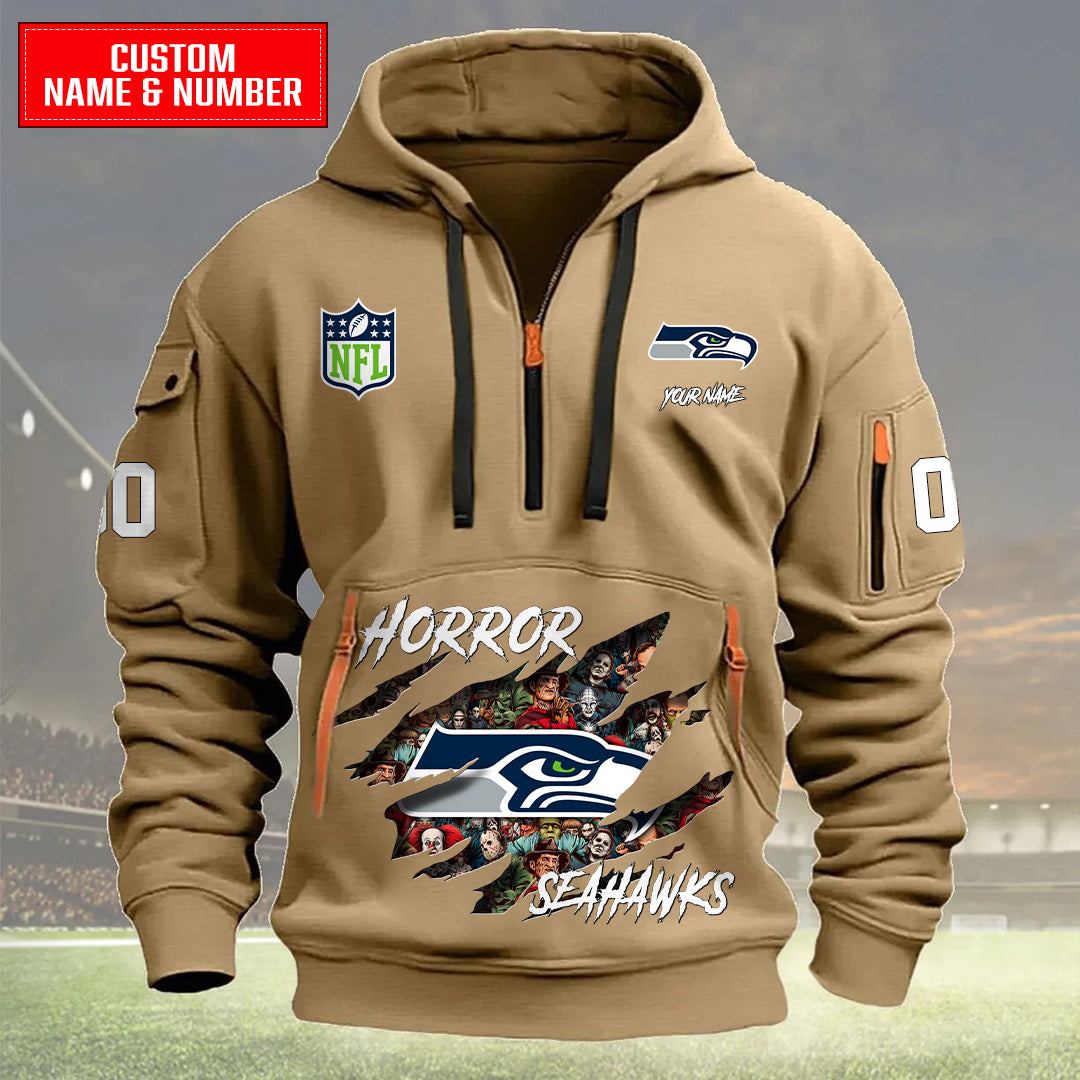 Seattle Seahawks Halloween Horror Collection Personalize Quarter Zip Hoodie AZCAQZH000014