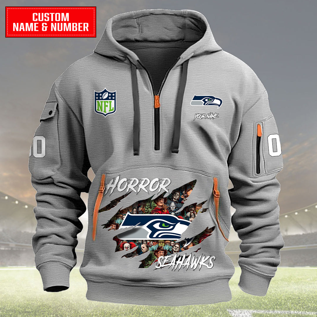 Seattle Seahawks Halloween Horror Collection Personalize Quarter Zip Hoodie AZCAQZH000014