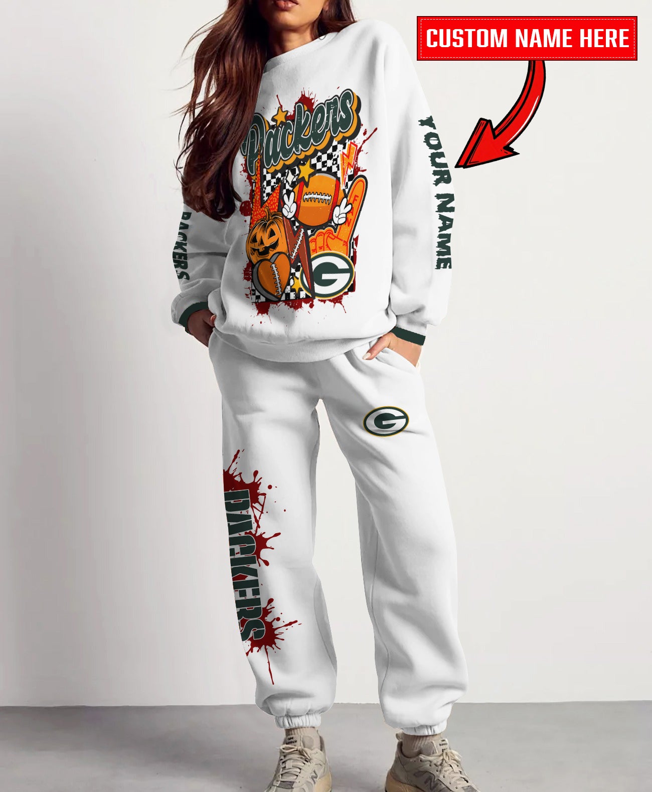 Green Bay Packers Halloween Collection Unisex Sweatshirt And Sweatpants Set AZCASP000007White