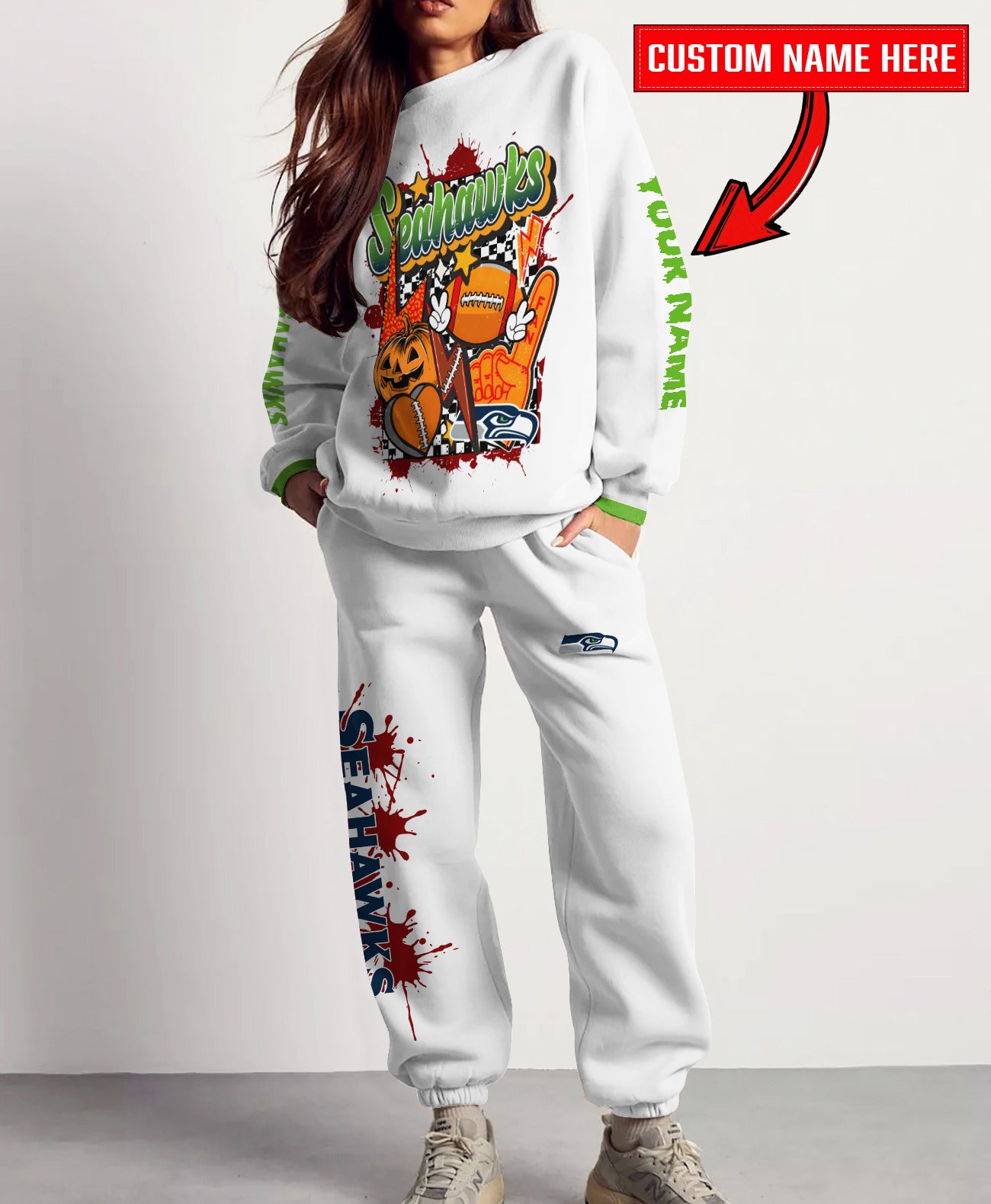 Seattle Seahawks Halloween Collection Unisex Sweatshirt And Sweatpants Set AZCASP000014White