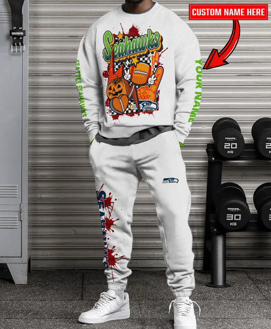 Seattle Seahawks Halloween Collection Unisex Sweatshirt And Sweatpants Set AZCASP000014White
