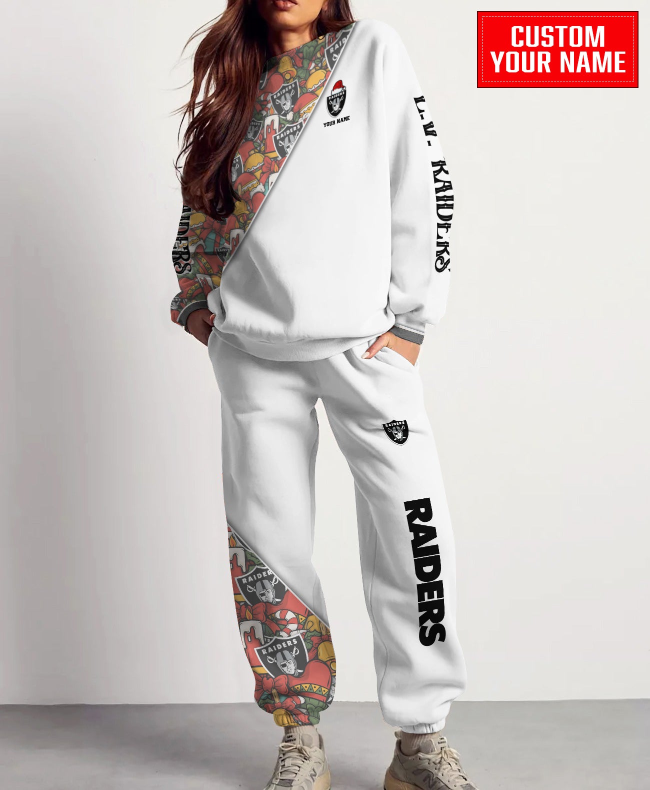 Las Vegas Raiders Christmas Pattern Unisex Combo Sweatshirt And Sweatpants AZCASP000090White