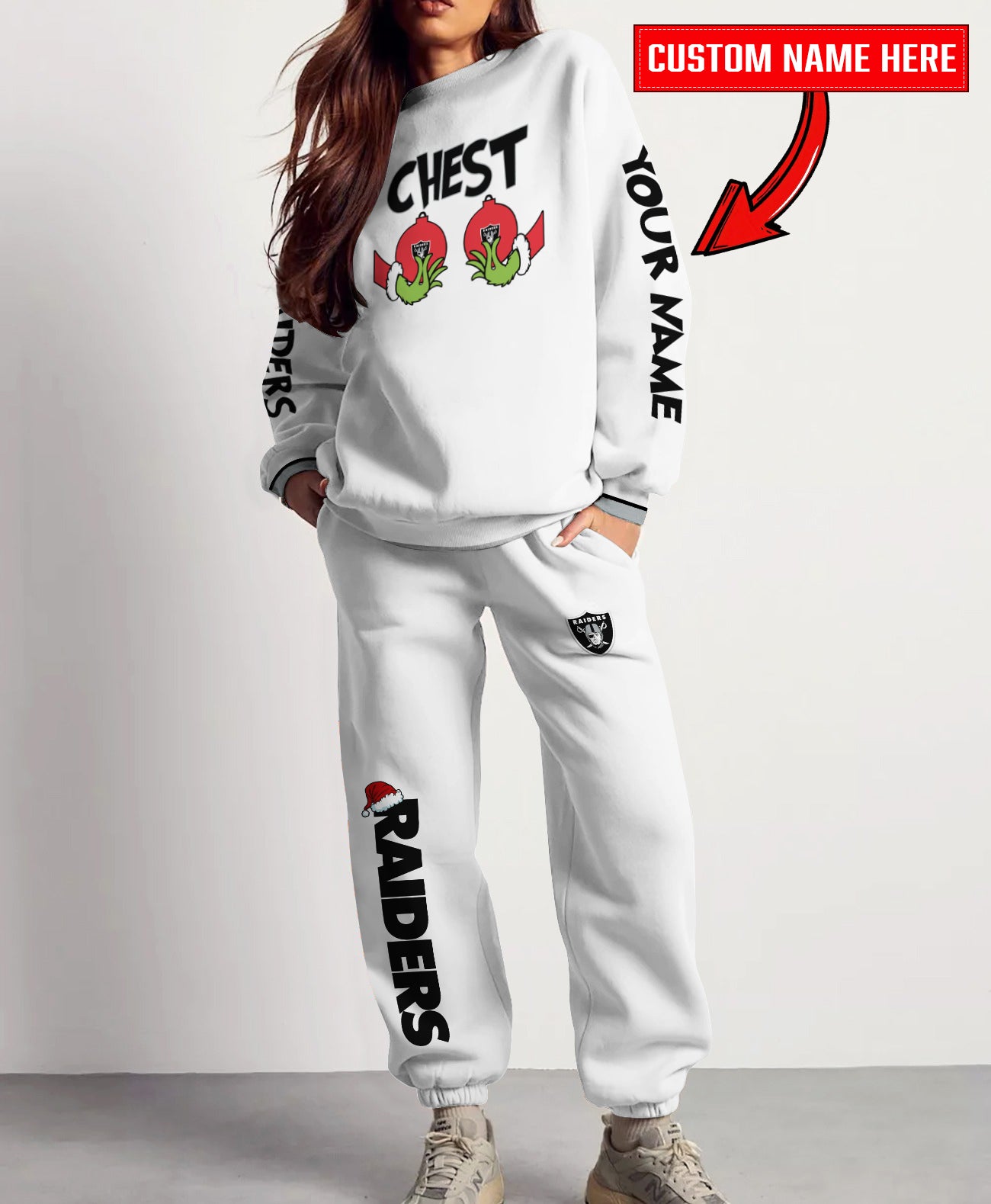 Las Vegas Raiders Chest – Nuts Combo Sweatshirt And Sweatpants Christmas Collection AZCASP000154White