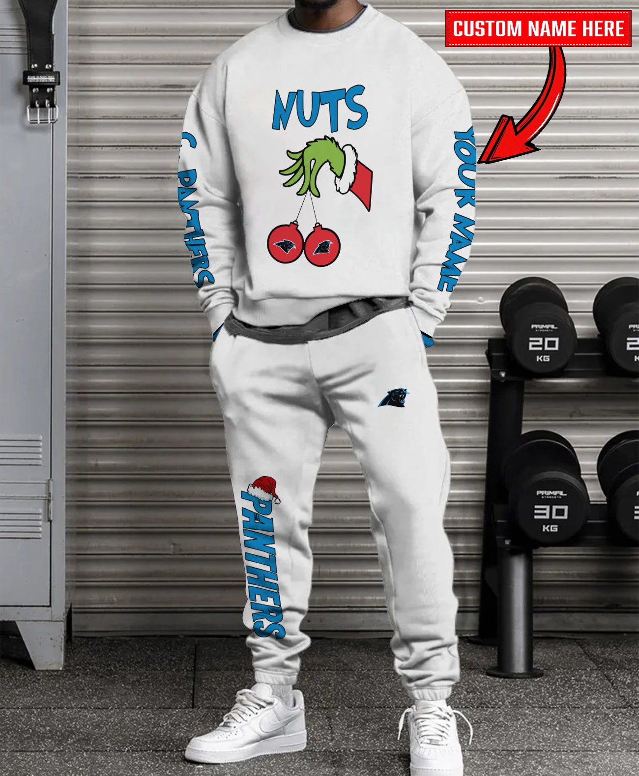 Carolina Panthers Chest – Nuts Combo Sweatshirt And Sweatpants Christmas Collection AZCASP000163White