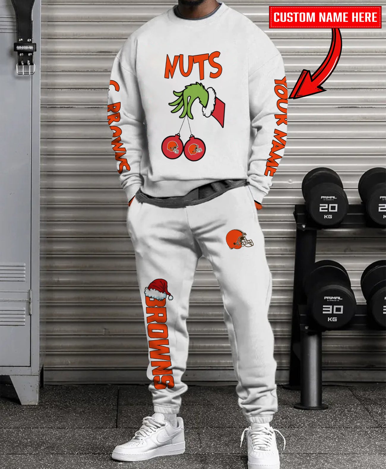 Cleveland Browns Chest – Nuts Combo Sweatshirt And Sweatpants Christmas Collection AZCASP000180White