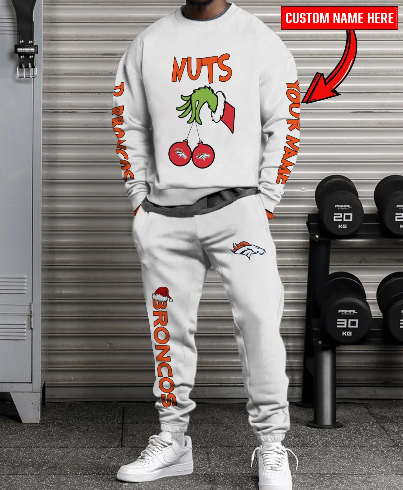 Denver Broncos Chest – Nuts Combo Sweatshirt And Sweatpants Christmas Collection AZCASP000181White