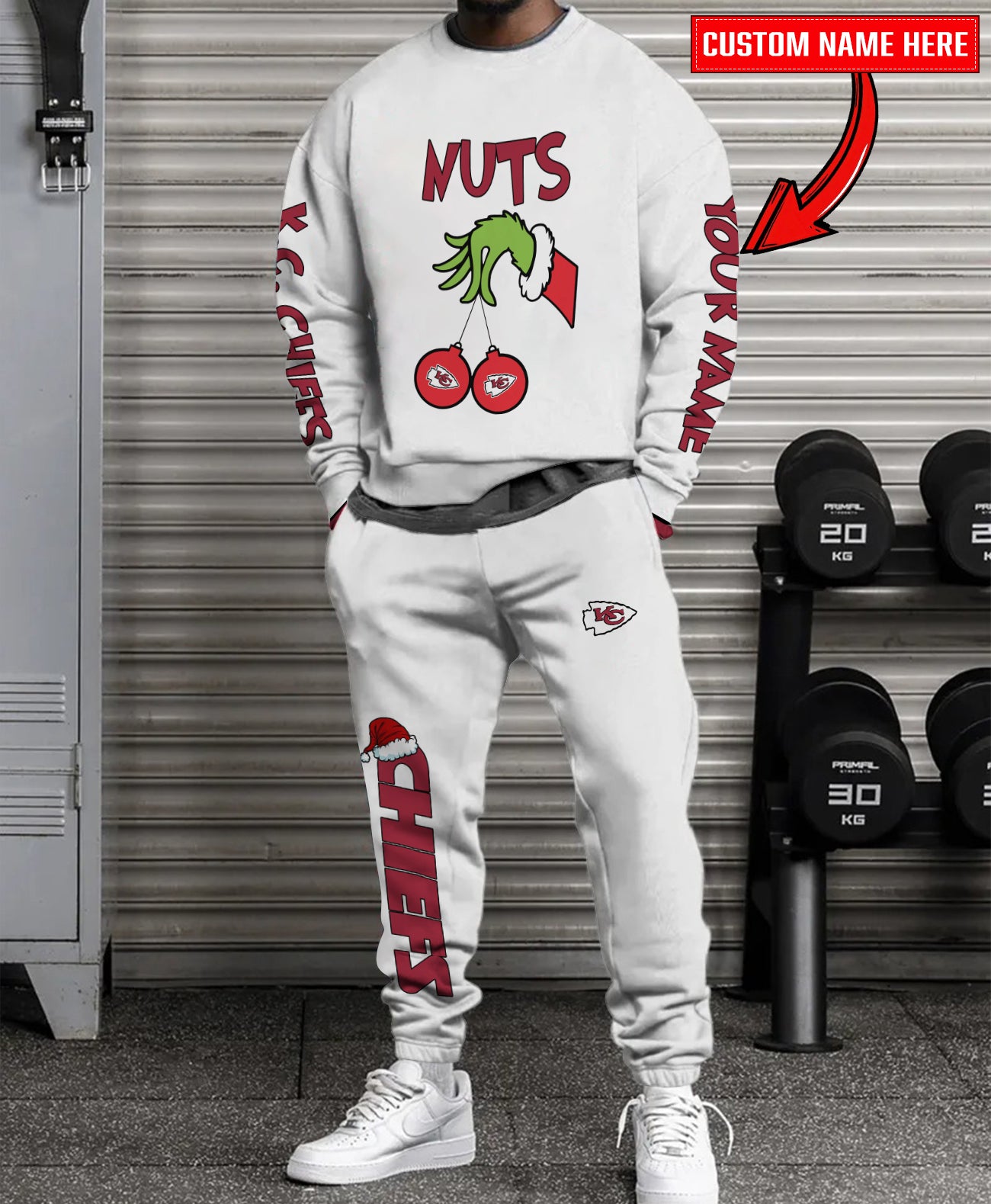 Kansas City Chiefs Chest – Nuts Combo Sweatshirt And Sweatpants Christmas Collection AZCASP000185White