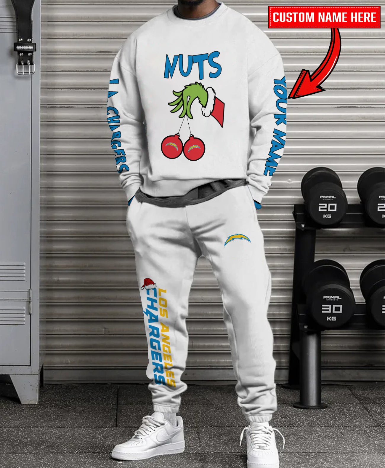 Los Angeles Chargers Chest – Nuts Combo Sweatshirt And Sweatpants Christmas Collection AZCASP000187White