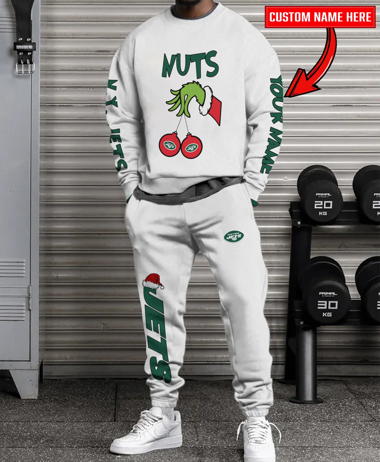 New York Jets Chest – Nuts Combo Sweatshirt And Sweatpants Christmas Collection AZCASP000190White
