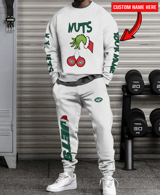 New York Jets Chest – Nuts Combo Sweatshirt And Sweatpants Christmas Collection AZCASP000190White