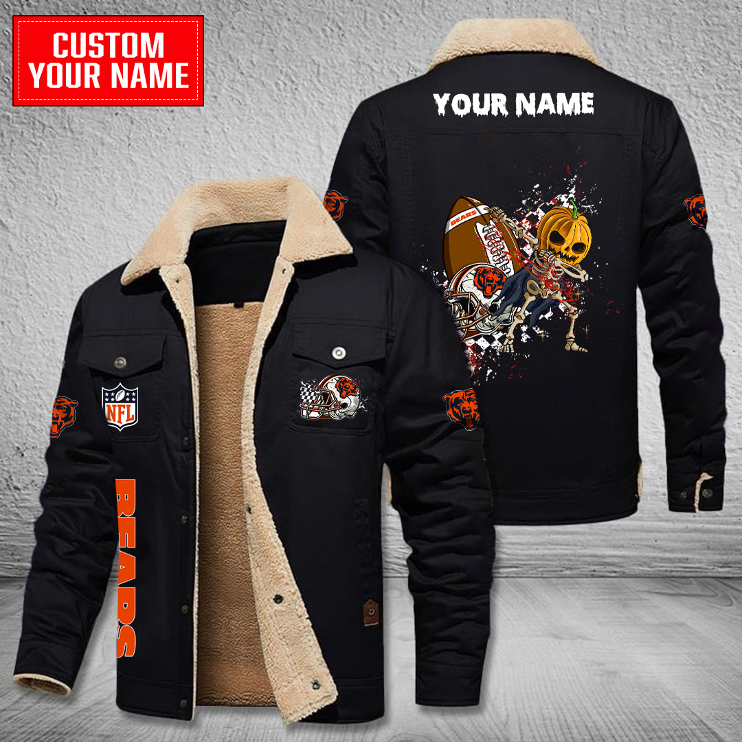 Chicago Bears Halloween Pumpkin Collection Winter Fleece Bomber Jacket AZCAWFBJ000004