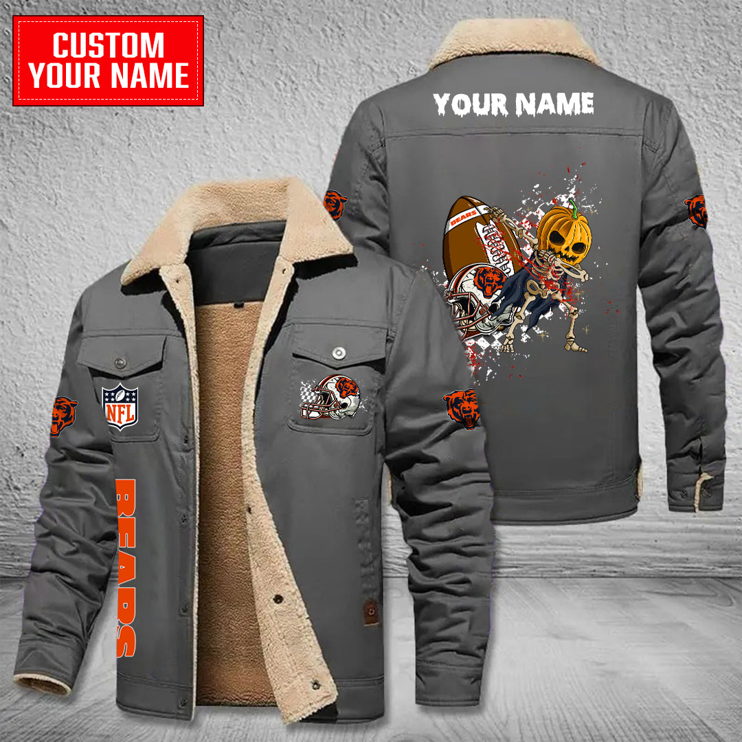 Chicago Bears Halloween Pumpkin Collection Winter Fleece Bomber Jacket AZCAWFBJ000004