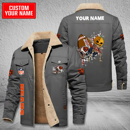 Chicago Bears Halloween Pumpkin Collection Winter Fleece Bomber Jacket AZCAWFBJ000004